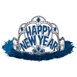 Happy New Year Electroplated Tiara with Maribou - Blue